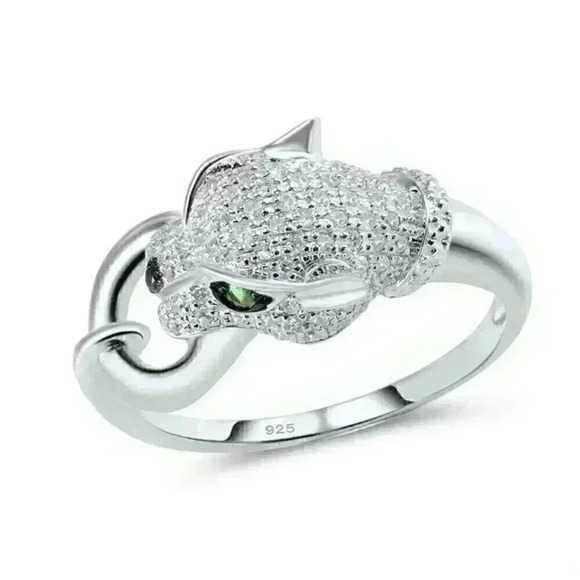 Gorgeous 925 Silver Emerald Diamond Panther Ring - Picture 5 of 8